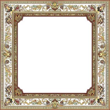 A rectangular picture frame with an ornate, traditional middle eastern pattern border on the edges and white background colors like golds, greens, reds, blues, pinks, yellows, or other earth tones.