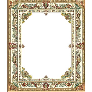 A rectangular picture frame with an ornate, traditional middle eastern pattern border on the edges and white background colors like golds, greens, reds, blues, pinks, yellows, or other earth tones.