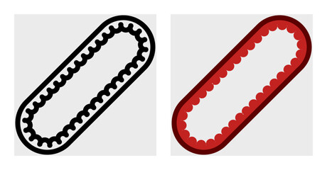 Minimalist icon of a drive belt in black-and-white and red styles. Features a looped belt with detailed teeth. Perfect for automotive graphics, repair shop branding, and mechanical infographics.