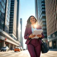 Una ejecutiva hispana entrando al trabajo, sonriendo.