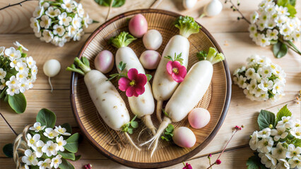Japanese Daikon Radish and Pickled Vegetables in Wicker Basket with Blossoms for Traditional Farming