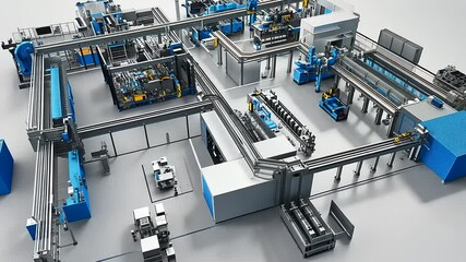 Aerial view of a modern automated manufacturing facility showcasing advanced robotics and assembly lines