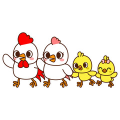 Rooster cock with hen and chicks, Chicken family
