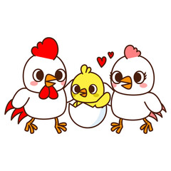 Rooster cock with hen and chicks, Chicken family
