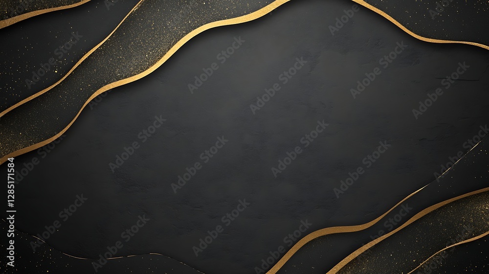Poster elegant black background with golden accents and wavy lines for a sophisticated design.