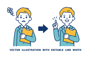 困った表情とひらめく表情の、若いビジネスマンのベクターイラスト素材＿線幅の編集可能
