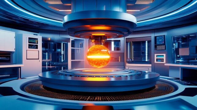 Futuristic Laboratory showcases advanced technology with glowing energy sphere suspended in research facility.