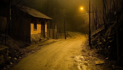 Fototapeta premium Mysterious Night Scene on a Wet Rural Road