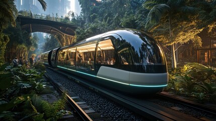 Naklejka premium Futuristic Train Station Surrounded by Lush Greenery and Modern Architecture at Dusk