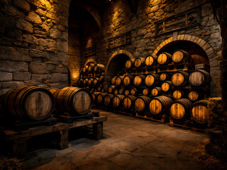 A dimly lit wine cellar with oak barrels stacked against stone walls, exuding rustic charm.