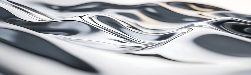 Fluid metallic surface with dynamic waves and reflections creates a modern, abstract visual effect.
