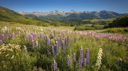 Vibrant Wildflower Meadow with Mountain Range Background