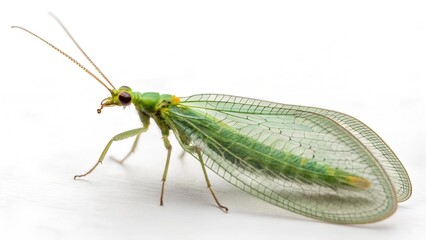 Emerald Insect: A detailed view captures the vibrant green of a lacewing with translucent wings, antennae extended, perched delicately.