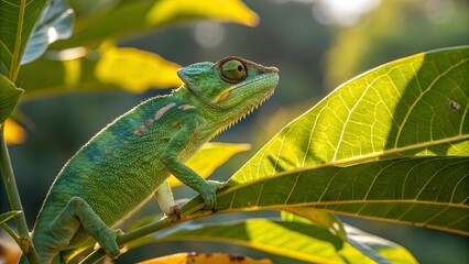 Fototapeta premium Chameleon on Leaf: A vibrant green chameleon perched on a lush leaf, its eyes intently focused, blending seamlessly with the surrounding foliage, captured in a stunning display of natural beauty.
