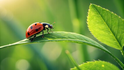 Fototapeta premium Ladybug's Green Retreat: Captivating macro shot of a ladybug perched gracefully on a vibrant green leaf, showcasing the insect's iconic red and black shell with the sun-kissed foliage.