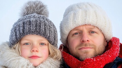 Father and daughter in winter hats in snow.  Possible use Family portrait