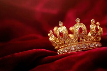 Fototapeta premium Gold crown with rubies and diamonds on red velvet evokes royalty, power, and luxury.