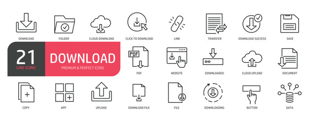 Set of line icons related to  download file, link, transfer, cloud download, folder, website. Outline icons collection. Editable stroke. Vector illustration.