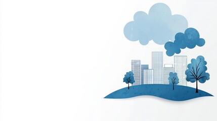 Obraz premium Blue Cityscape Paper Illustration With Cloud and Trees on White