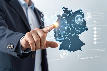 Businessman touching virtual map of Germany, business, technology, network, communication, global, data analysis concept