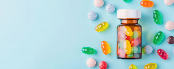 Colorful gummy chewable supplements in bottle surrounded by various pills, creating vibrant and appealing display