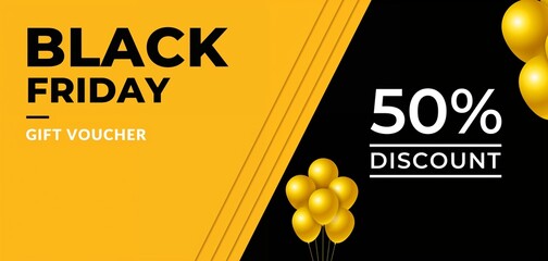 Gift Certificate "Black Friday Sale" in Black and Gold Tones with Golden Balloons, Luxurious and Stylish Design
