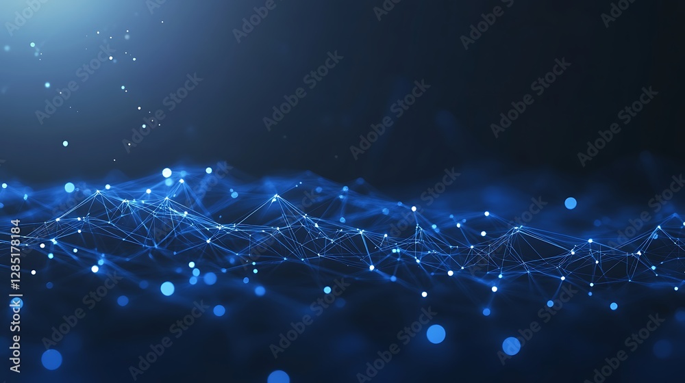 Poster abstract blue background with glowing particles and interconnected lines, creating a digital wave ef