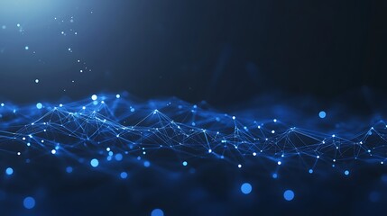 Abstract blue background with glowing particles and interconnected lines, creating a digital wave effect.