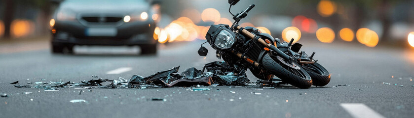 devastating traffic collision scene showing damaged motorcycle and shattered glass on road, evoking sense of urgency and concern