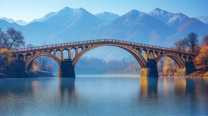 Fototapeta premium Autumnal Mountain Bridge over Calm River