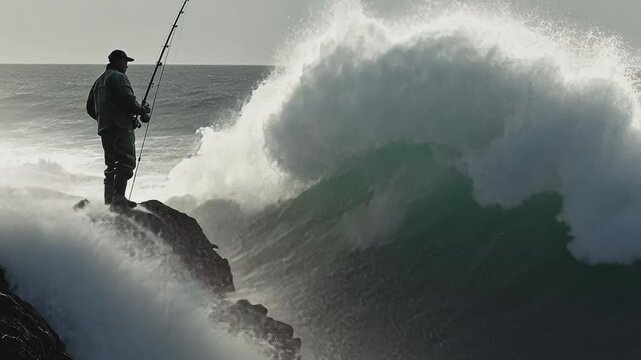 Fishing Amidst the Storm: A lone fisherman stands resiliently on a rugged cliff, casting his line as massive waves crash in the backdrop.
