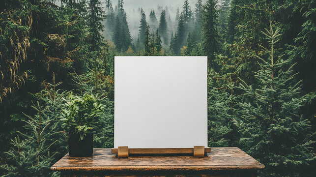 Blank canvas display in misty forest