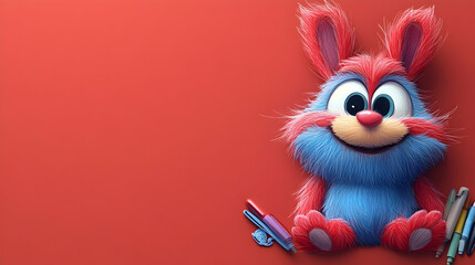 Fototapeta premium Cartoon rabbit sits amidst stationery on red