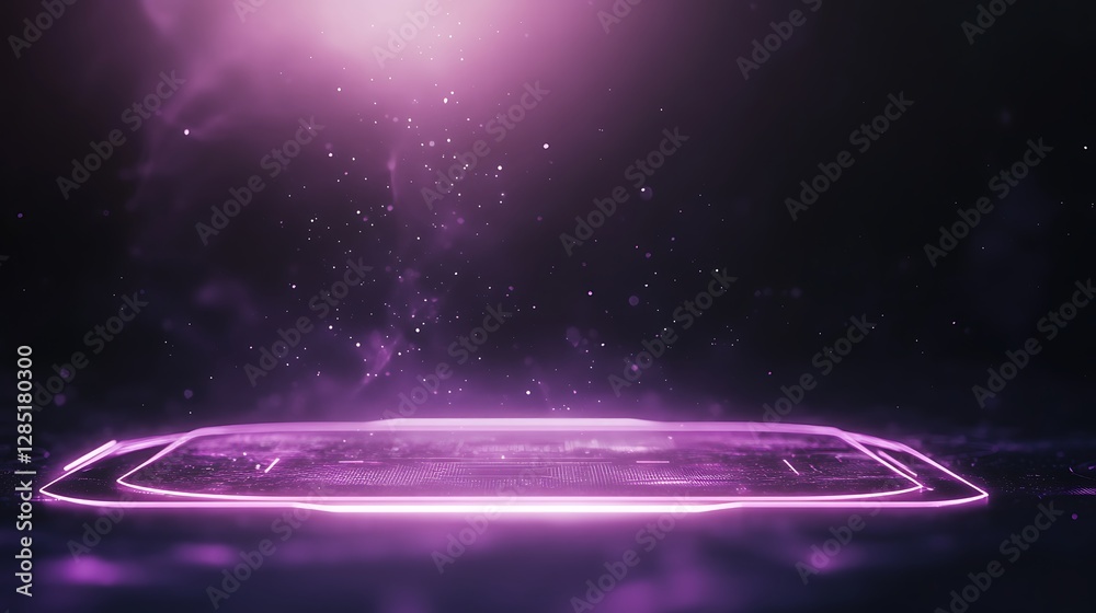 Poster futuristic purple platform with glowing edges floating in a dark, cosmic space.
