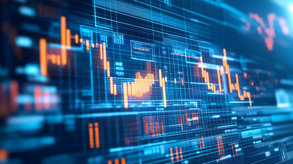 Floating digital grids and charts on a blue background, showcasing business data visualization and modern technology in action. Ideal for concepts related to digital transformation and analytics.