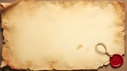 Antique, parchment, scroll, aged, document, historical, paper, manuscript, vintage, old, yellowed, worn, torn, edges, burnt, seal, wax, red, string, tied, knot, authentic, certificate, declaration, pr