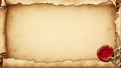 An antique parchment scroll with a red wax seal, tied with string, evoking historical elegance.
