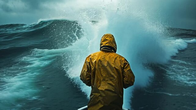 The Courageous Voyager: A lone figure, clad in weatherproof gear, stands resolute against the tempestuous sea, the raw power of nature juxtaposed with human resilience, a symbol of fortitude.