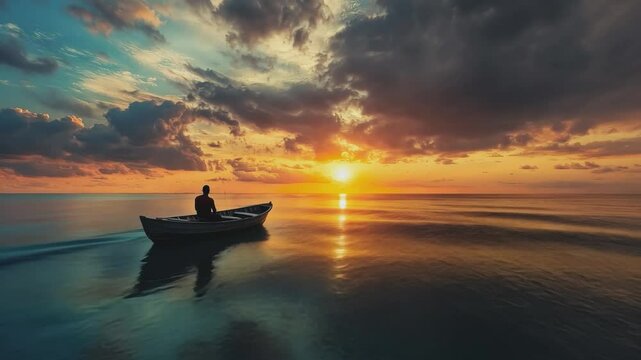 Tranquil Voyage at Sunset: A solitary figure navigates a small boat across serene waters at sunset, where the sky erupts in a painterly display of fiery hues and dramatic clouds.