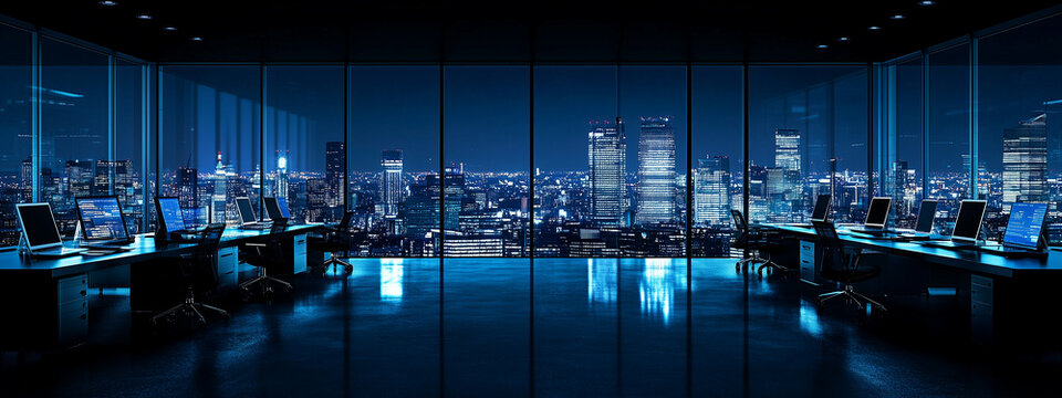 A modern open-plan office with laptops and digital screens on desks, featuring glass walls and a stunning city skyline background, perfect for showcasing contemporary workspace design