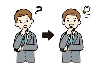 困った表情とひらめいた表情の、若いビジネスマンのベクターイラスト素材＿線幅の編集可能＿カラー