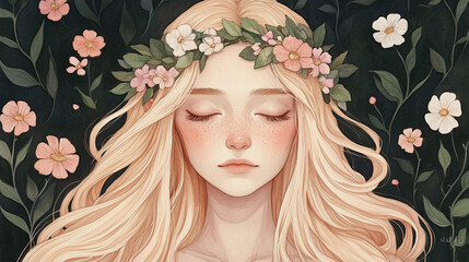 Floral Crown Girl Portrait - Peaceful Beauty
