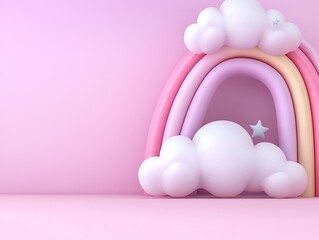 Fototapeta premium Dreamy Pastel Rainbow Arch with Fluffy Clouds and a Twinkling Star on Soft Pink Background Illustration