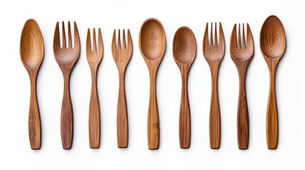 Dark Brown Wooden Spoons and Forks on White Background