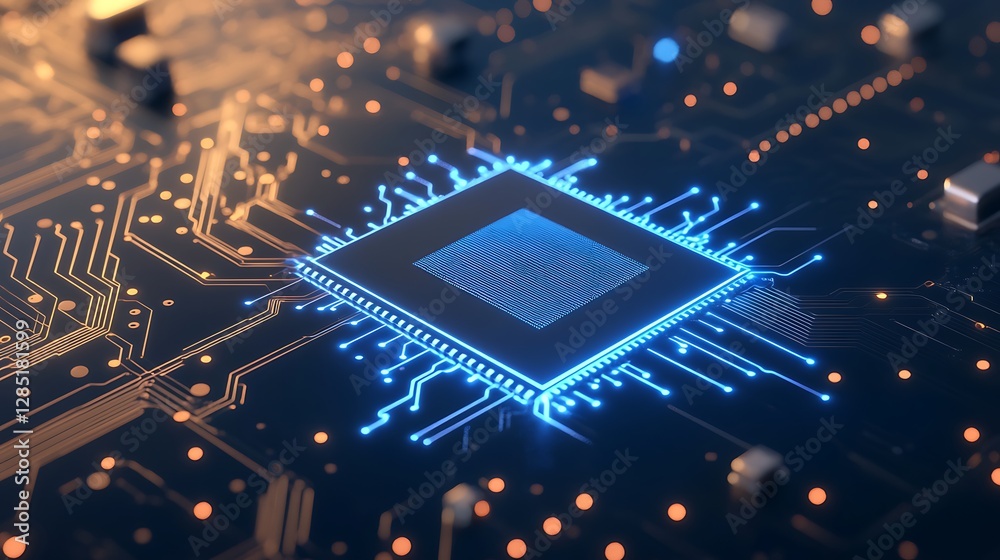 Poster Close-up of a glowing microchip on a circuit board, showcasing technology and innovation.