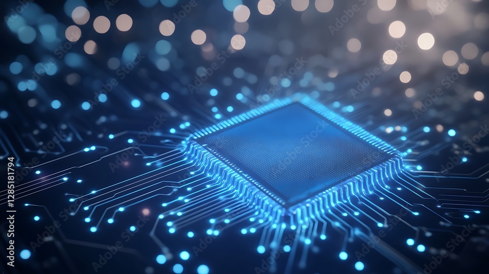 Poster Futuristic microchip surrounded by glowing circuitry and particles of light.