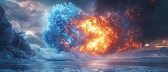 dramatic battle between fire and ice creatures on a frozen lake with magical explosions lighting the sky, Generative AI