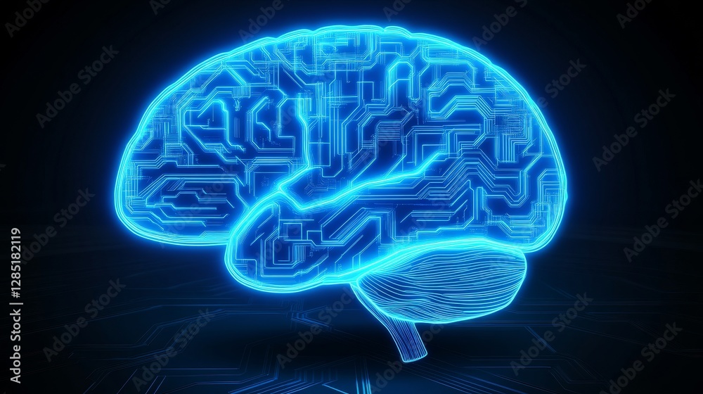 Poster futuristic neon brain with circuit patterns on dark background
