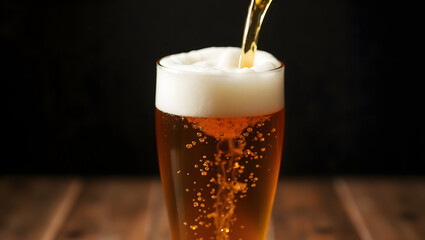 Beer, pouring, glass, foam, mug, golden, liquid, refreshing, drink, brew, bar, pub, cold, beverage, alcohol, draft, tap, amber, head, frothy, bubbles, spill, overflow, table, wooden, surface, wet, dro