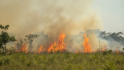 Naklejka premium Wildfire Burning Through Grassland and Vegetation